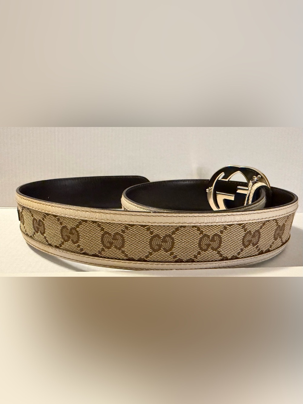 Gucci Cream Monogram Canvas Leather Interlocking G Buckle Belt 85/34 - Picture 6 of 6